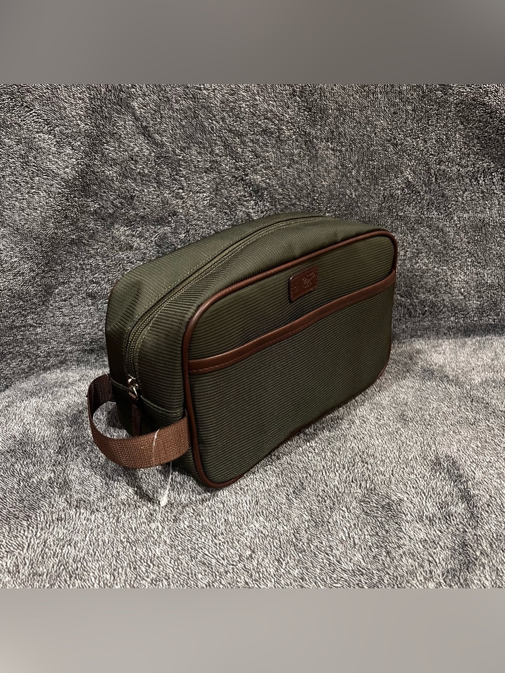 Original Penguin Nylon Dopp Kit in olive green with brown leather trim